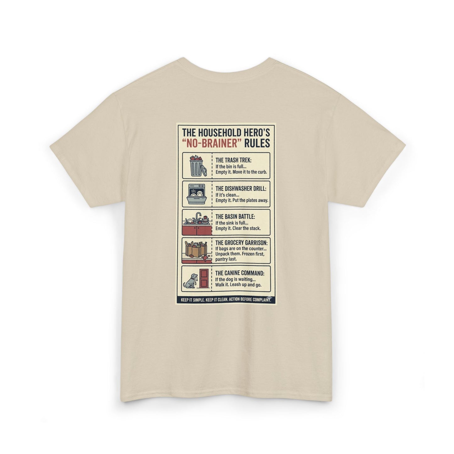 The Gentleman's Guide to Household Heroics Tee for Dog Owners Cartoon Style | Illustrated Rule List