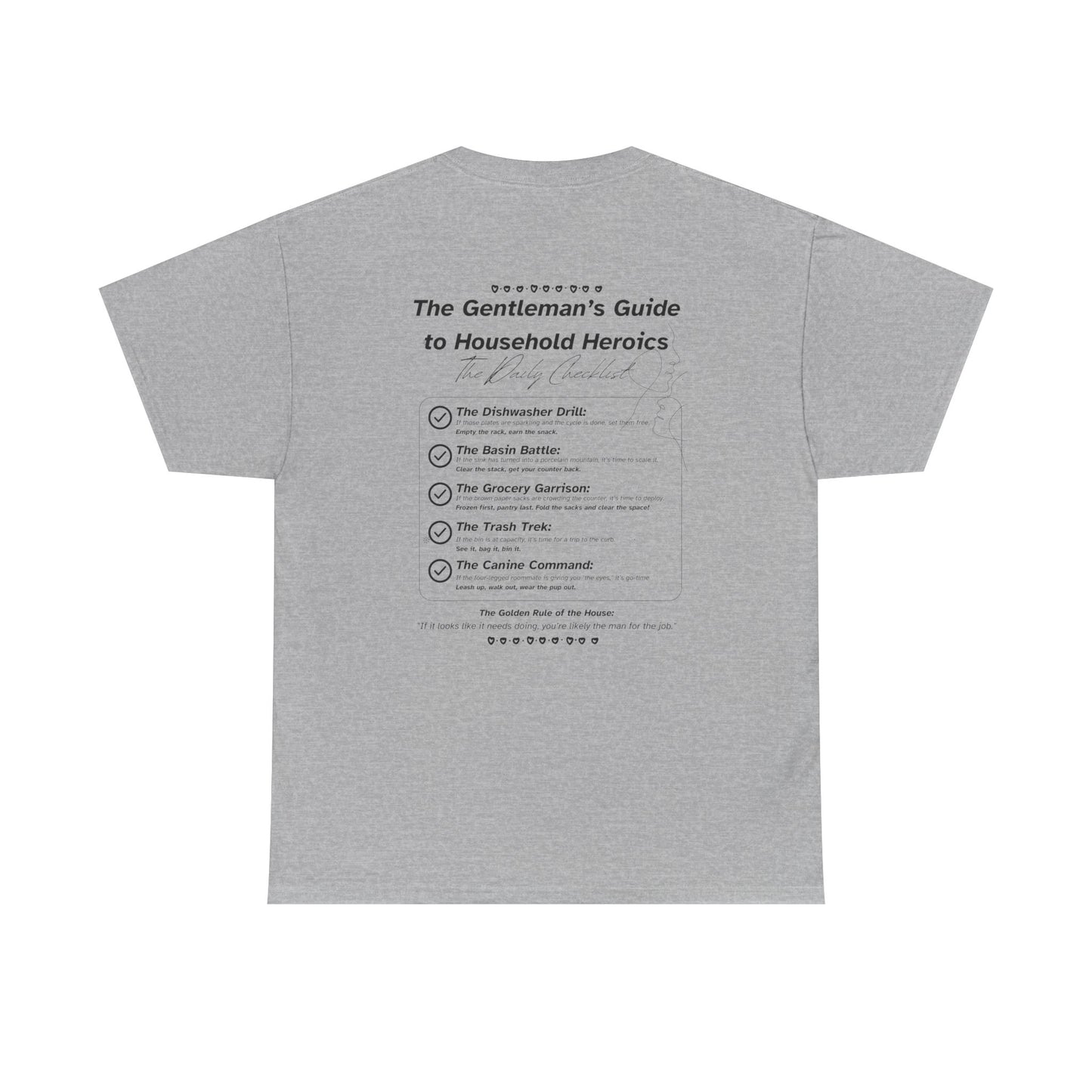 The Gentleman's Guide to Household Heroics Tee for Dog Owners | Illustrated Rule List