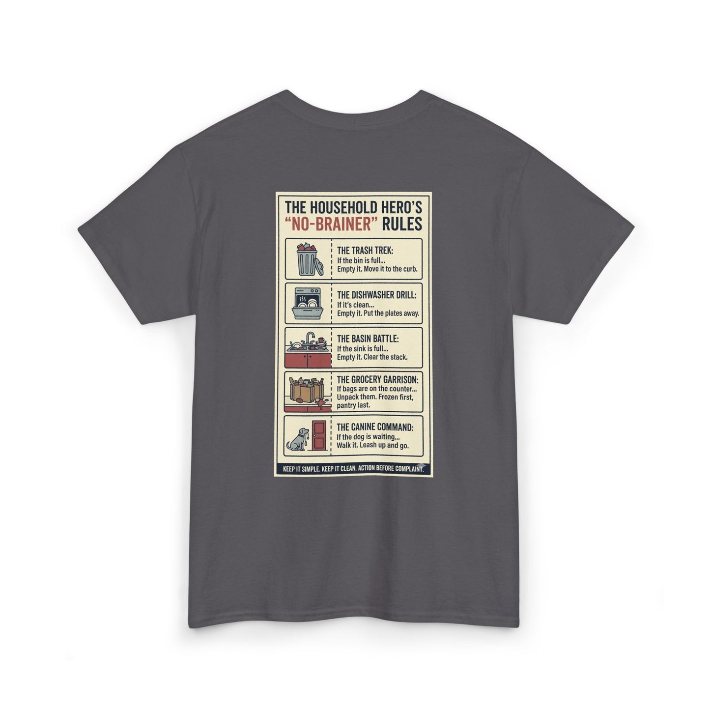 The Gentleman's Guide to Household Heroics Tee for Dog Owners Cartoon Style | Illustrated Rule List