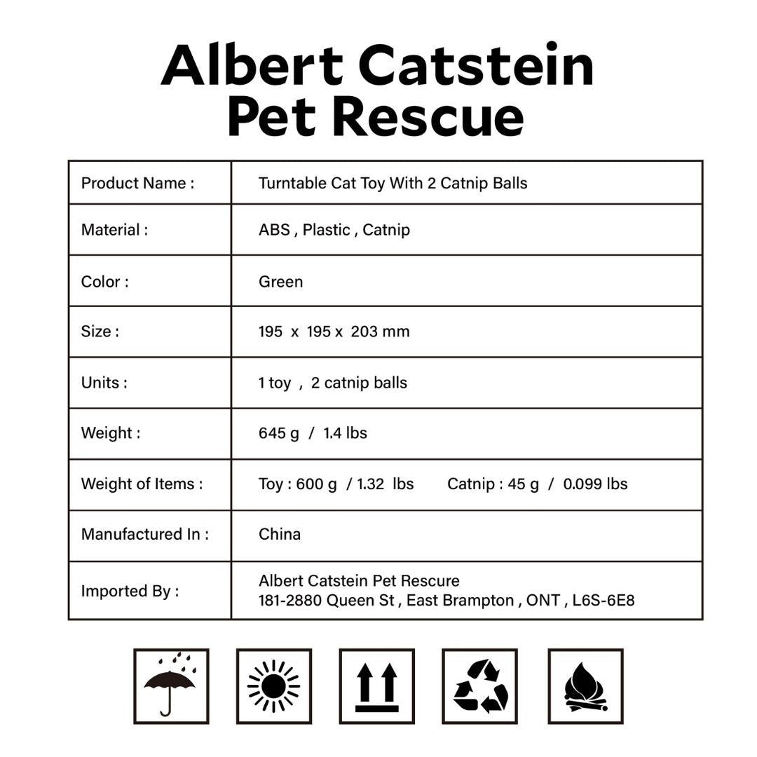 Albert Catstein green ABS plastic turntable cat toy with two catnip balls and one light-up ball.