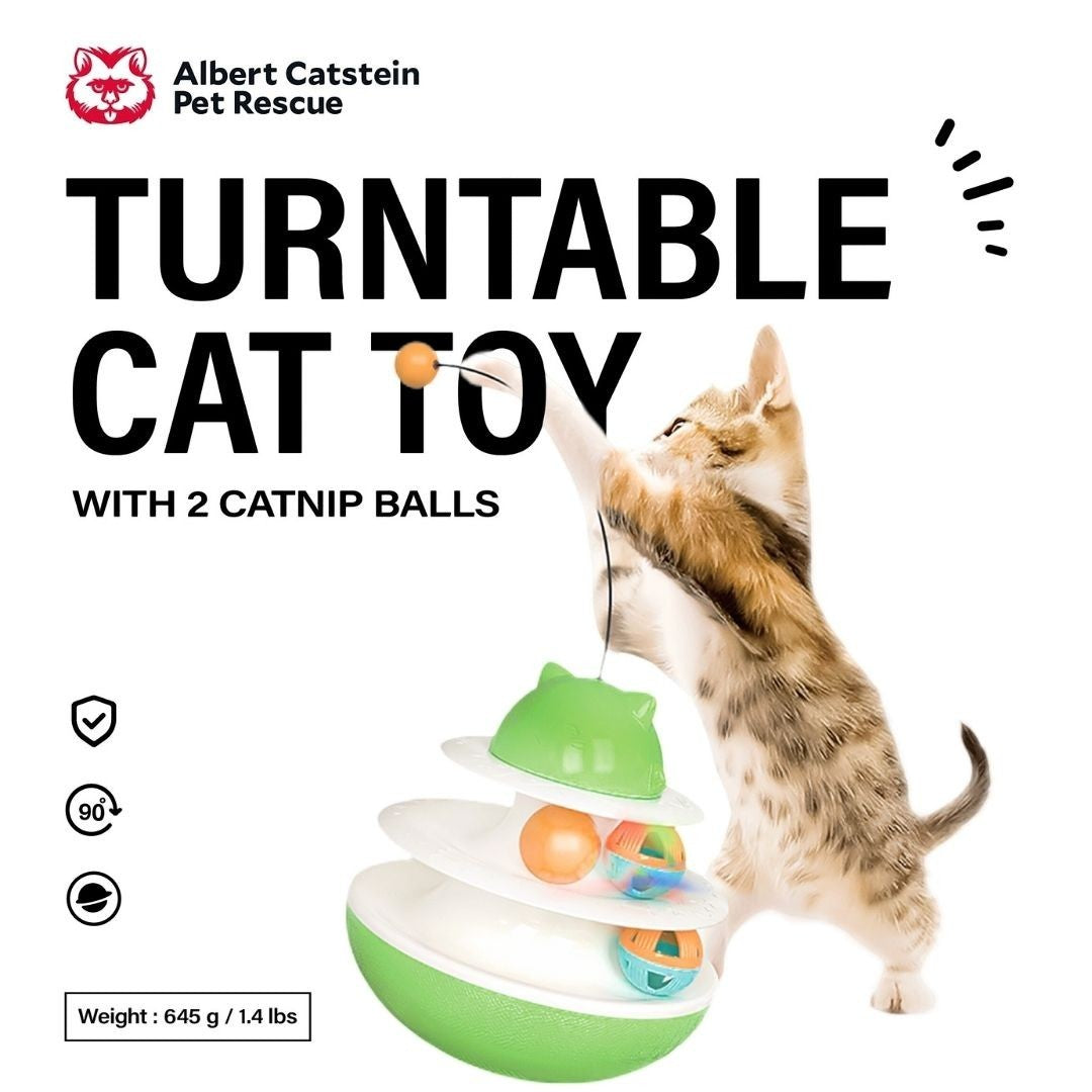 Albert Catstein turntable cat toy with 2 catnip balls and 1 light-up ball, green and white.