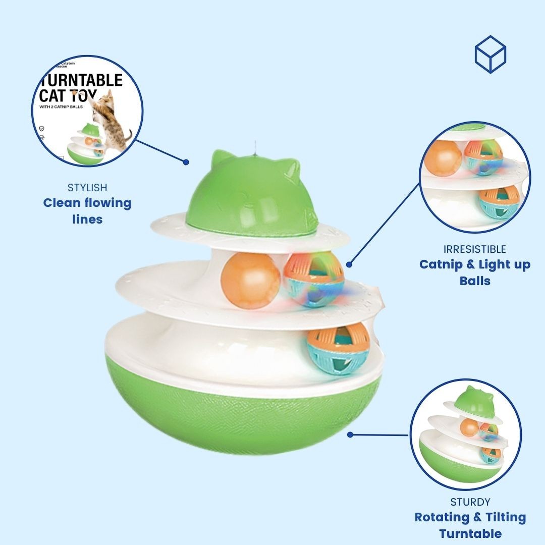 Albert Catstein turntable cat toy with 2 catnip balls and 1 light-up ball, green and white