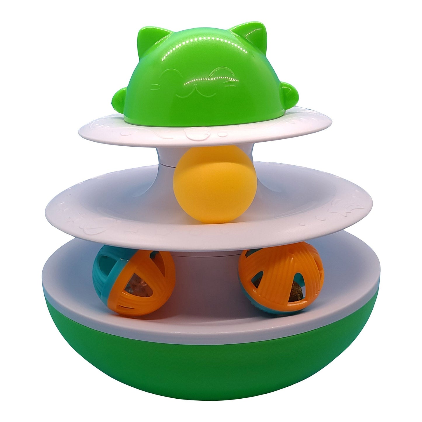 Albert Catstein green and white plastic turntable cat toy with yellow ball, two catnip balls, and a light-up ball.