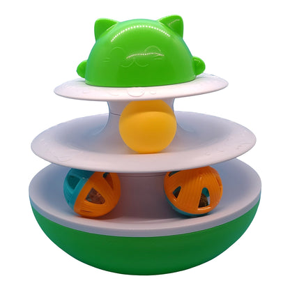 Albert Catstein green and white plastic turntable cat toy with yellow ball, two catnip balls, and a light-up ball.